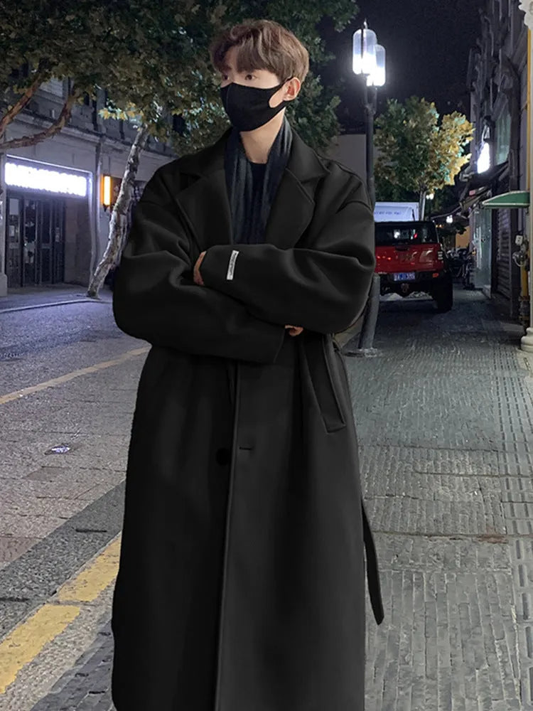 Men's mid-long wool coat in British style, black colour, with side seam pockets