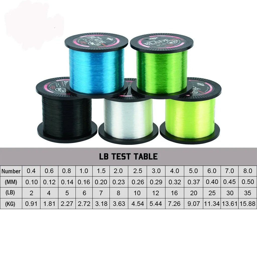 Seaknight 1000 M nylon fishing line spool in black, blue, green, or white, showing available sizes from 0.4 to 8.0.