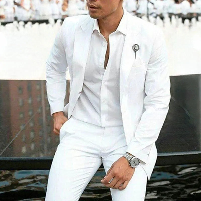 Men's white slim fit two-piece wedding suit with groomsman styling