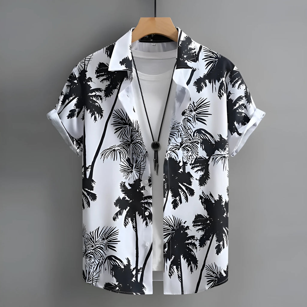 Hawaiian men's short-sleeved shirt with 3D printed colour pattern on polyester fabric