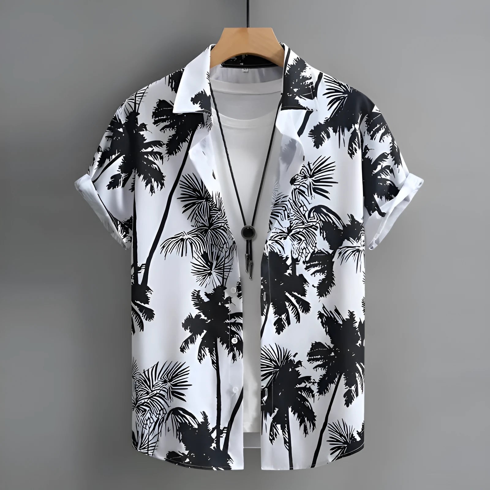 Hawaiian men's short-sleeved shirt with 3D printed colour pattern on polyester fabric