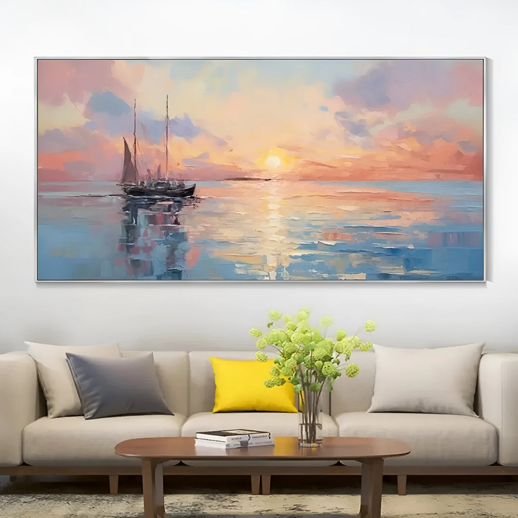 Handmade oil painting canvas wall art modern abstract sunrise over sea horizontal panoramic landscape