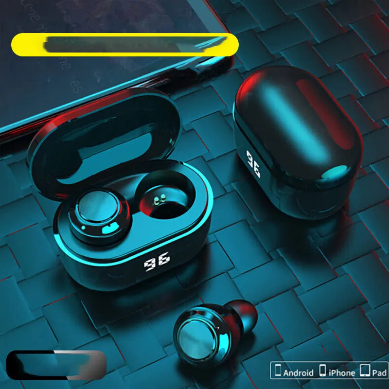 Black stereo Bluetooth earplug headset showing earpieces, suitable for calls and music with 10m range.
