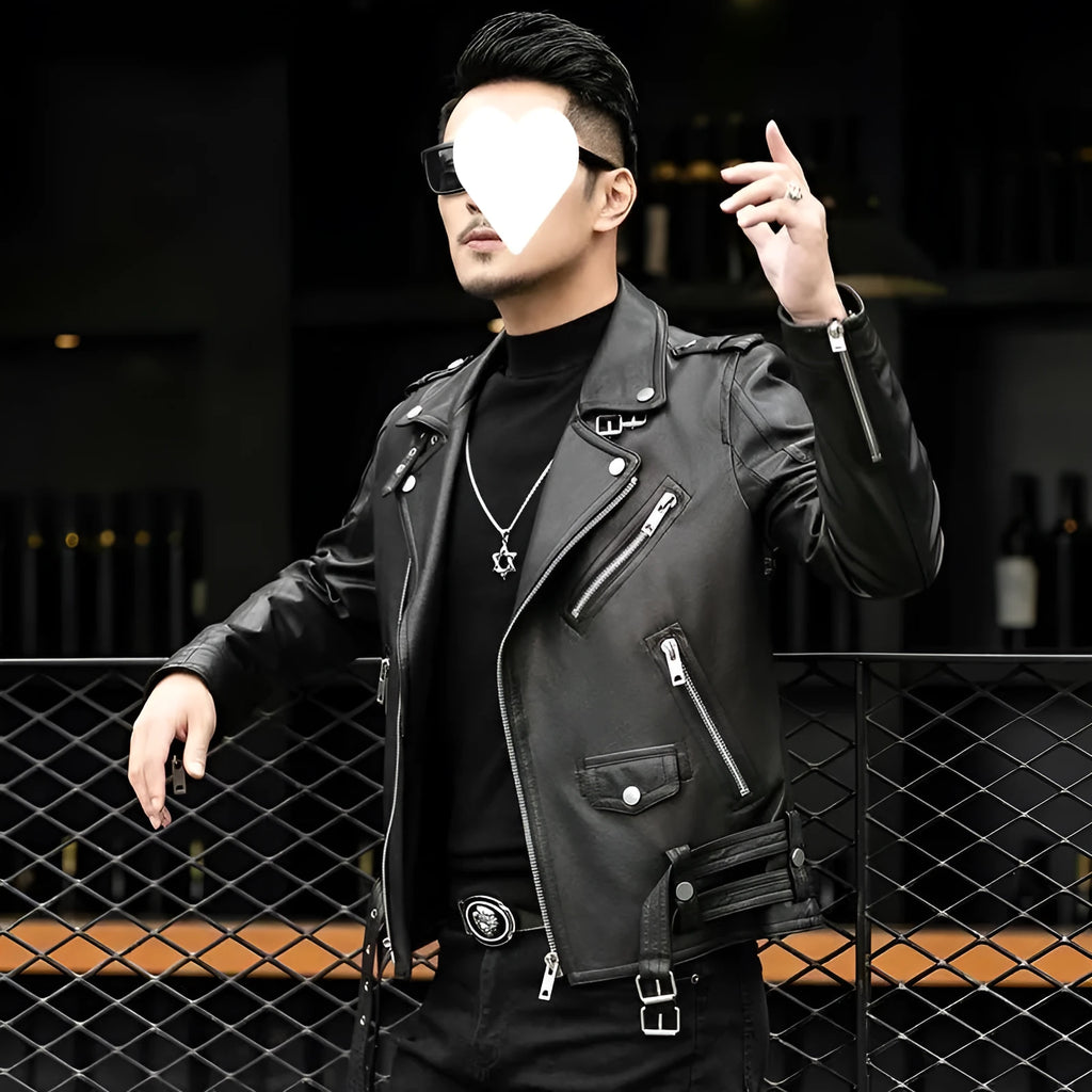 Men's black sheepskin leather jacket with lapel collar and front zipper, loose fit, shown on a model.