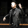 Men's black sheepskin leather jacket with lapel collar and front zipper, loose fit, shown on a model.