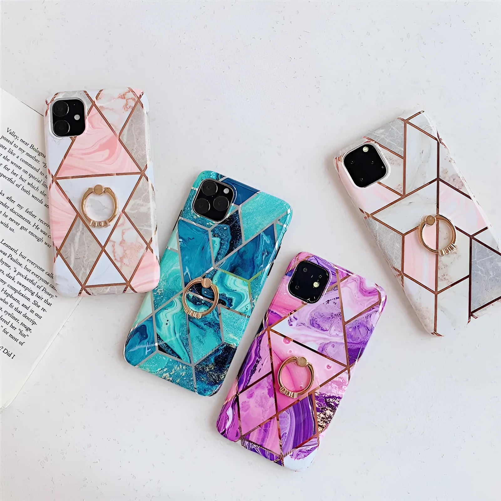 Geometric TPU mobile phone case with bracket ring in purple for iPhone XR
