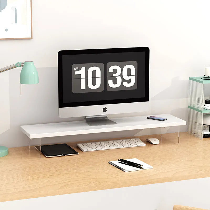 Acrylic leg computer riser desk storage rack in black with wood board, simple modern style