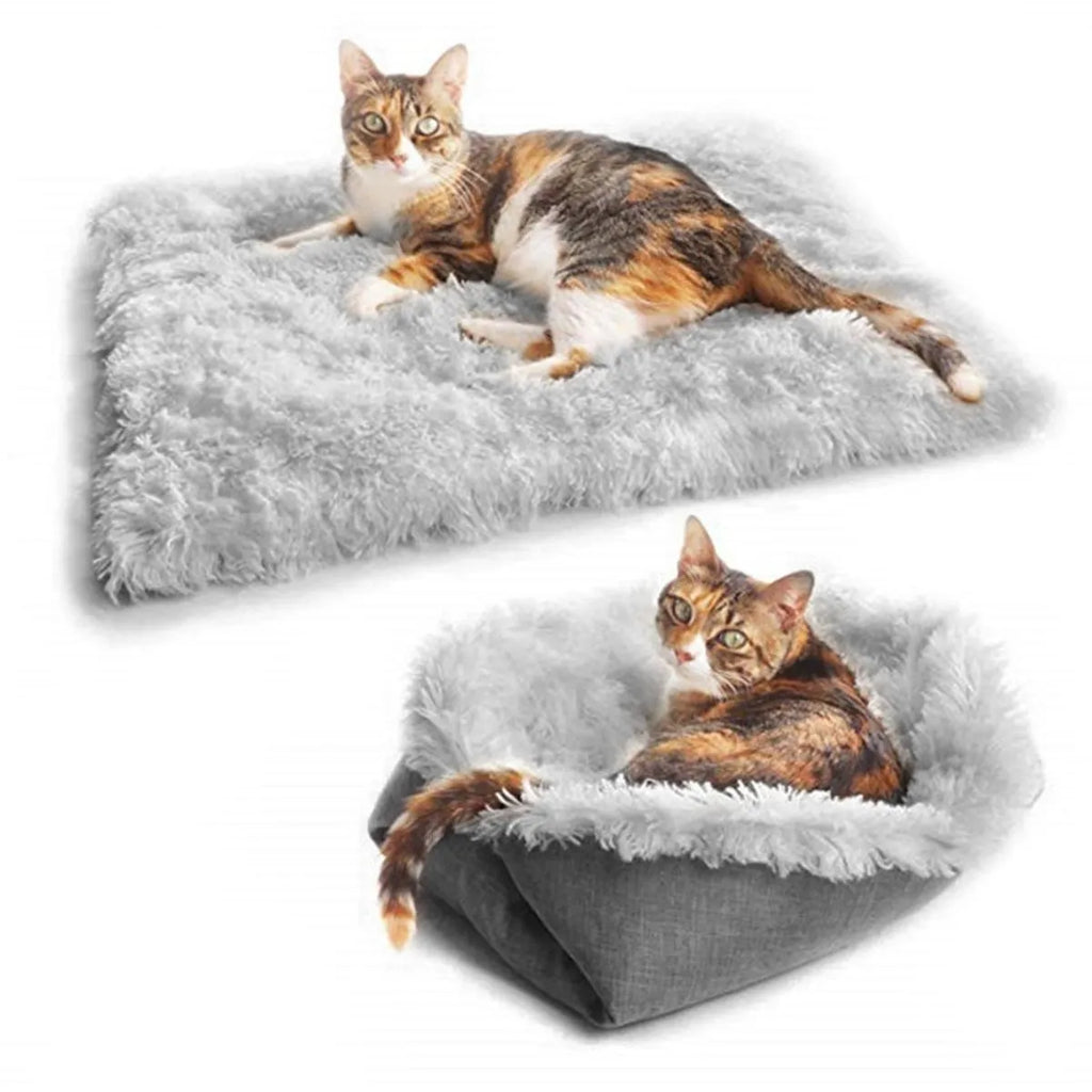 Grey pet blanket nest with long fluffy plush and black non-slip bottom for cats and dogs