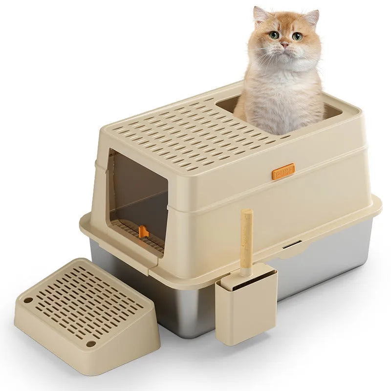 Large grey enclosed cat litter box with pedal-operated lid and stainless steel components