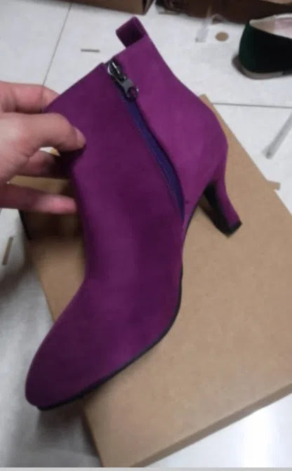 Women's suede pointed toe high heel boots in green with low shaft and cotton lining