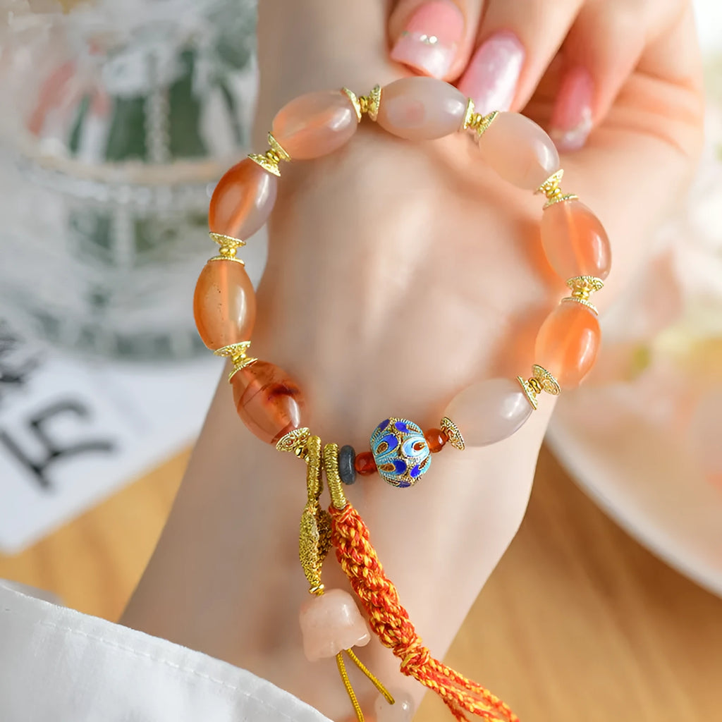 Jade agate Tibetan bracelet with vintage ethnic floral geometric design manual craftsmanship