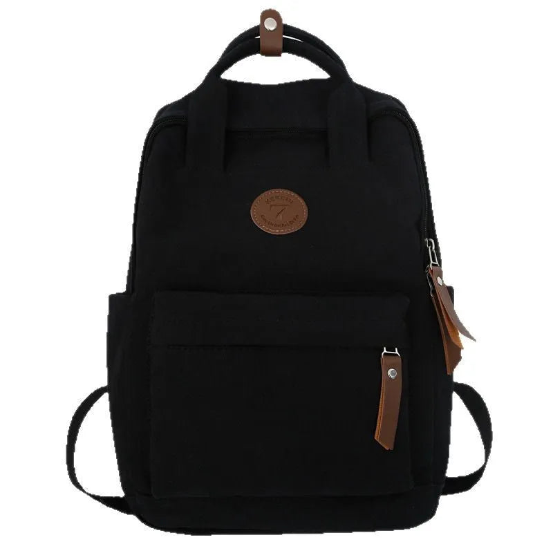 Black Oxford cloth fashion backpack with retro sewing thread detailing and curved shoulder straps