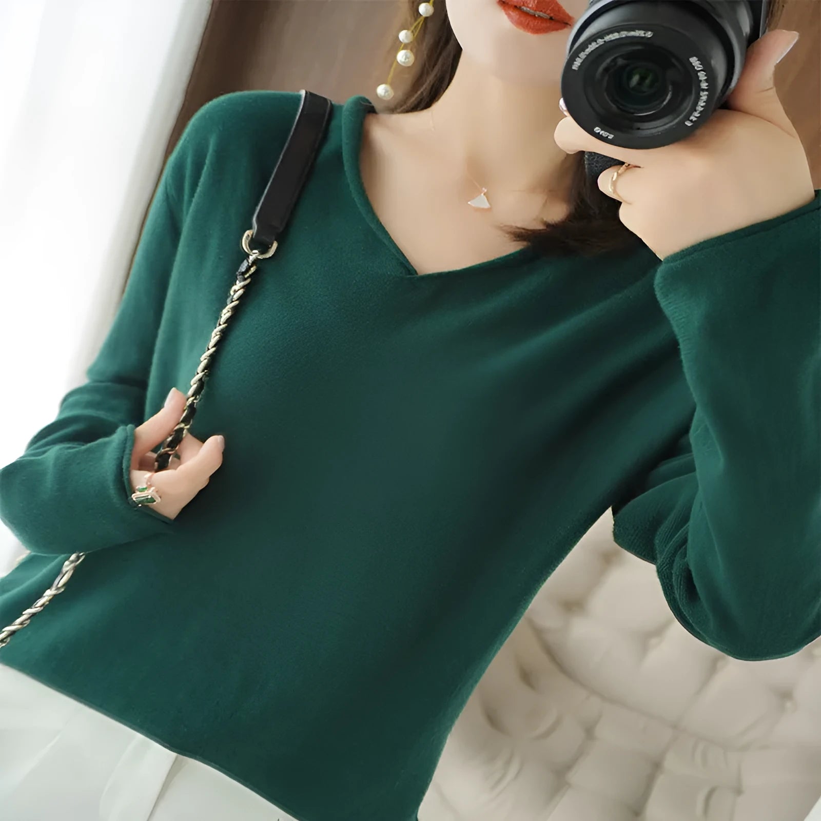 Women's V-neck long sleeve knitwear top in turmeric colour with non-ironing construction