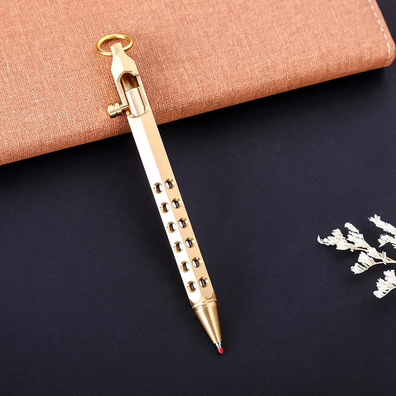Retro brass hexagon bolt action pen with rollerball refill showing hexagonal barrel detail
