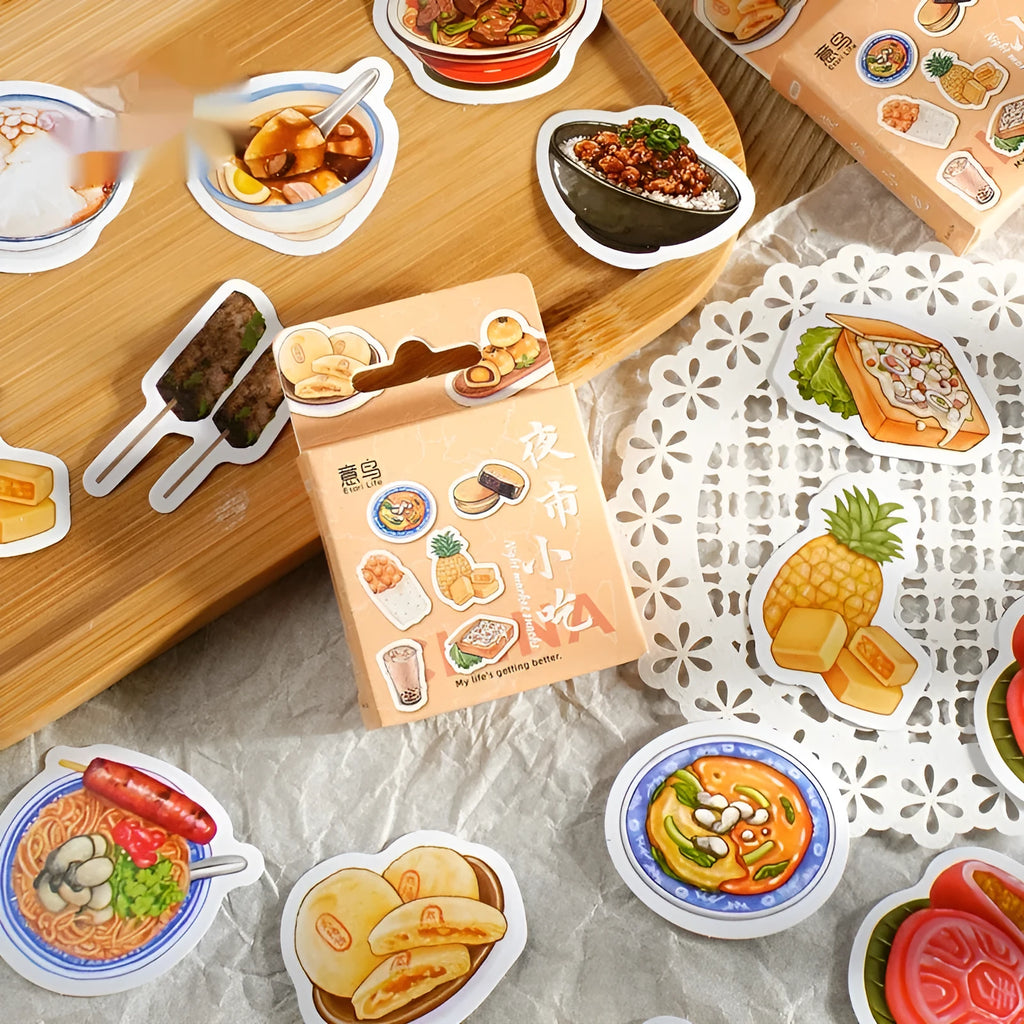 Box-packed night market snacks retro stickers 46 pieces adhesive labels for DIY decoration