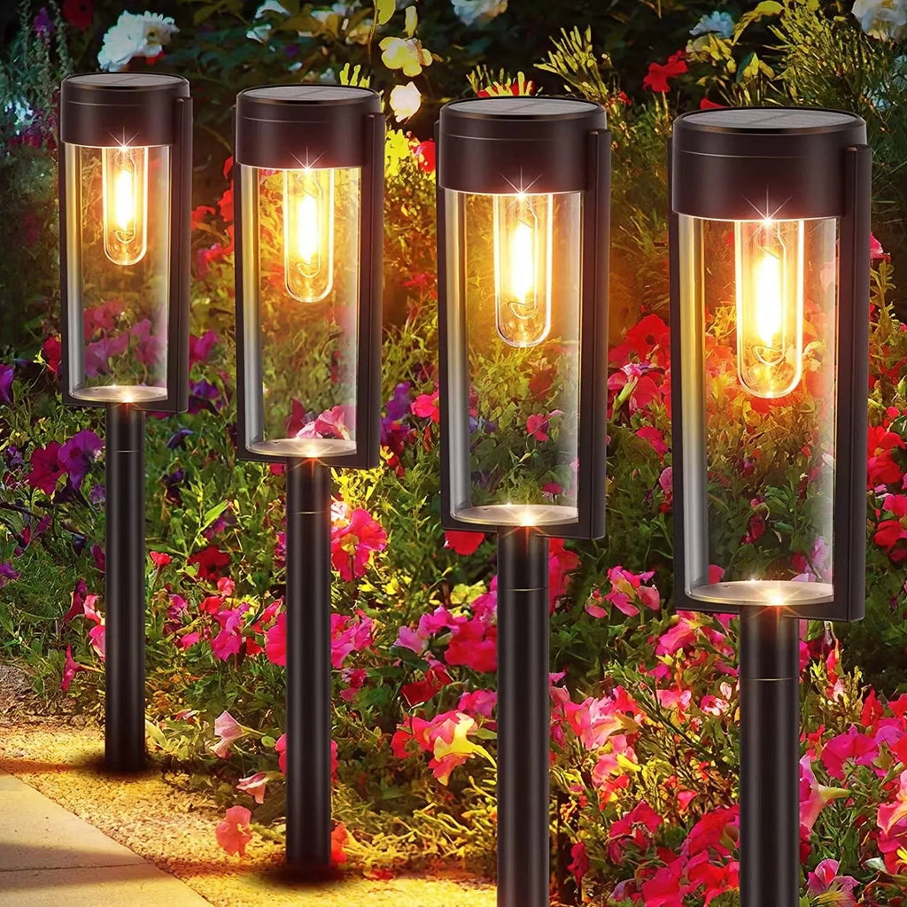 IP65 waterproof solar lawn lamp with tungsten wire filament and geometric ABS housing, 3000K warm light for garden decoration