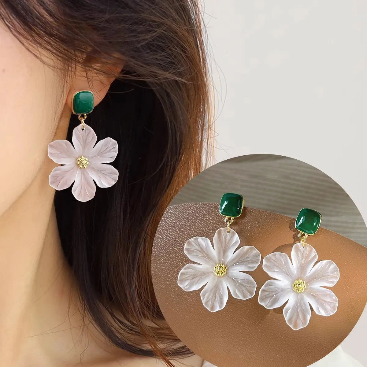 Dark green alloy earrings with needle flowers floral design for women