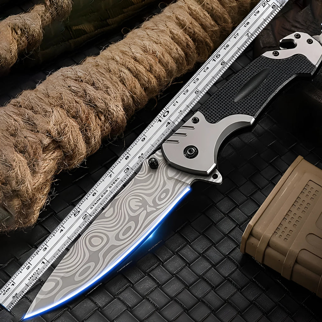 Alloy folding pocket knife with extended blade showing 60-degree tip angle