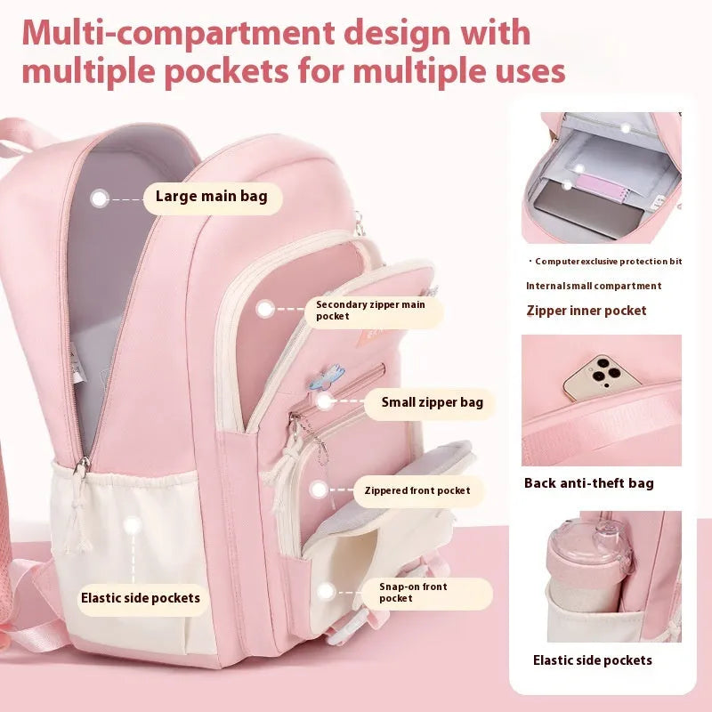 Waterproof pink Oxford cloth school backpack for girls with curved shoulder straps