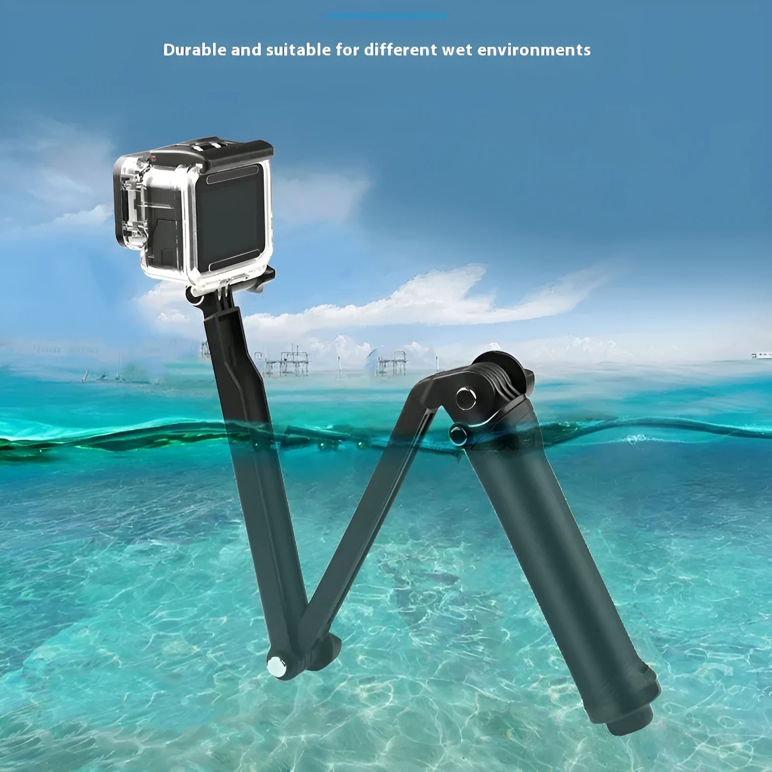 Black portable folding camera tripod stand for GoPro Hero action cameras on a flat surface.
