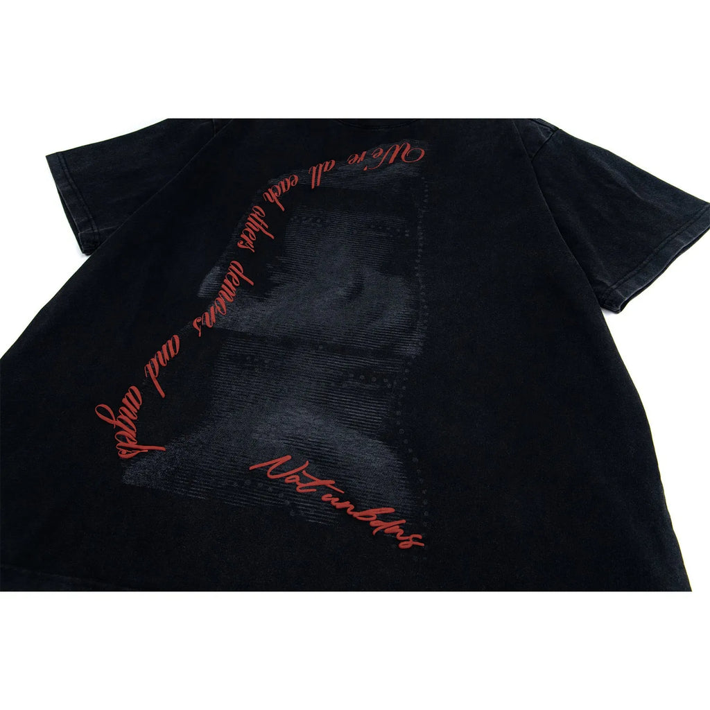 Washed vintage men's loose short sleeve t-shirt in black cotton blend, front view