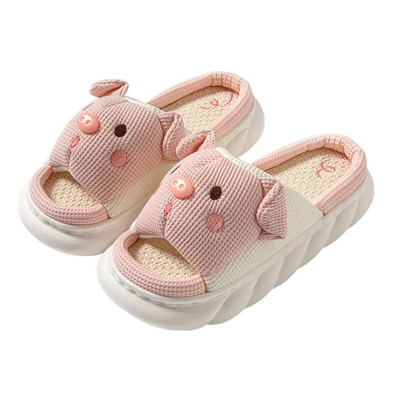 A pair of open-toe linen flip flop slippers for couples, shown in a choice of colours with a cushioned footbed.