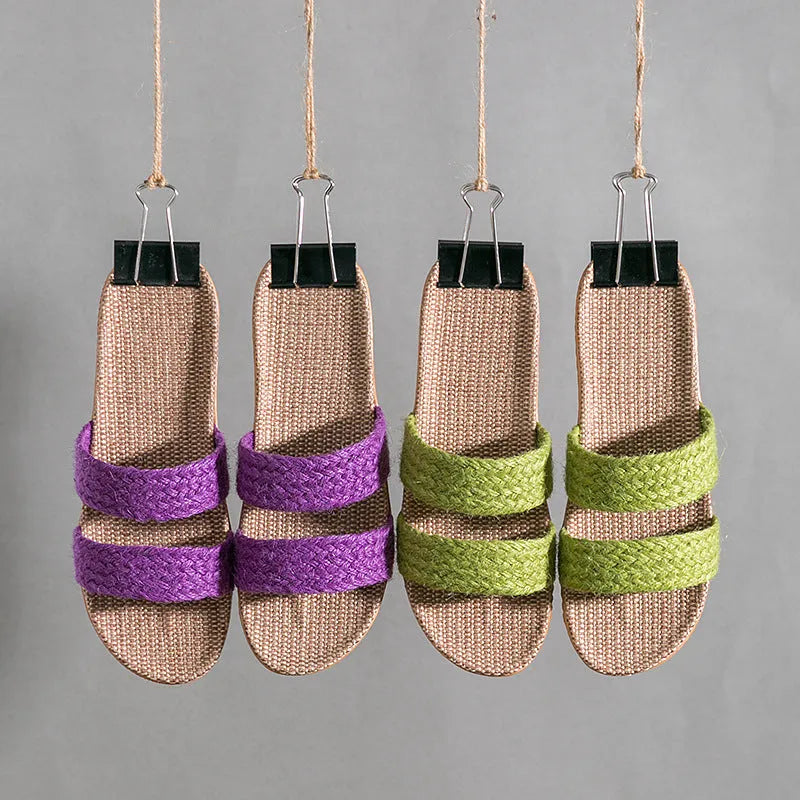 Women's indoor linen toe ring slippers with non-slip EVA sole in beige horizontal bar colour
