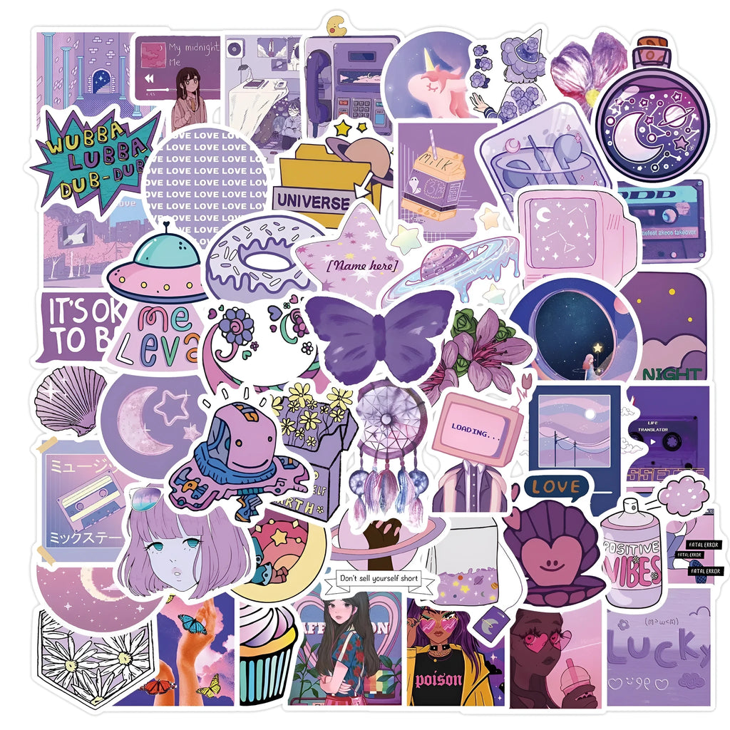 Purple girl graffiti stickers on luggage with colourful cartoon skin design, 50 decals 4-6cm