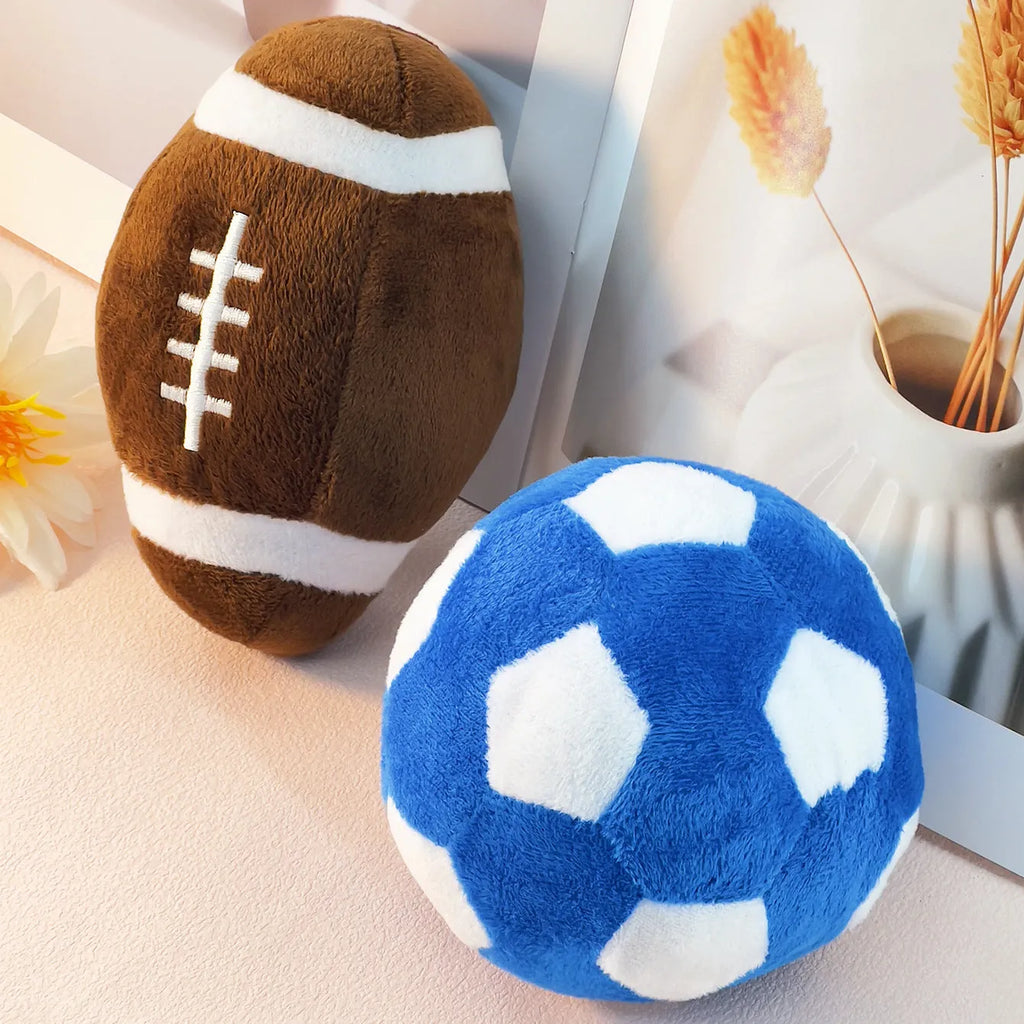 Plush football and rugby interactive puppy training toys in two colour options