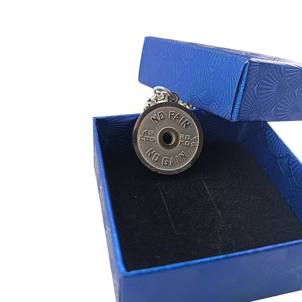 Stainless steel barbell disk pendant necklace with geometric sports design on 60cm chain