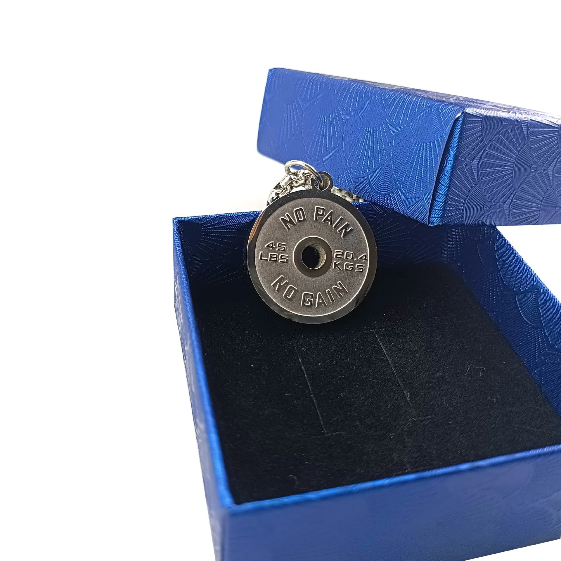 Stainless steel barbell disk pendant necklace with geometric sports design on 60cm chain