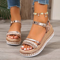 Gold woven women's wedge sandals with round toe on size chart showing 36-42
