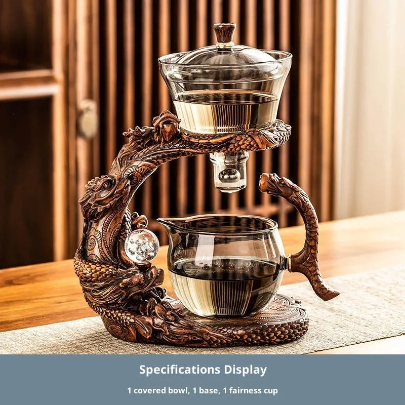 Dragon Year lazy glass automatic tea set in green gray walnut with bowl, base, and fair cup