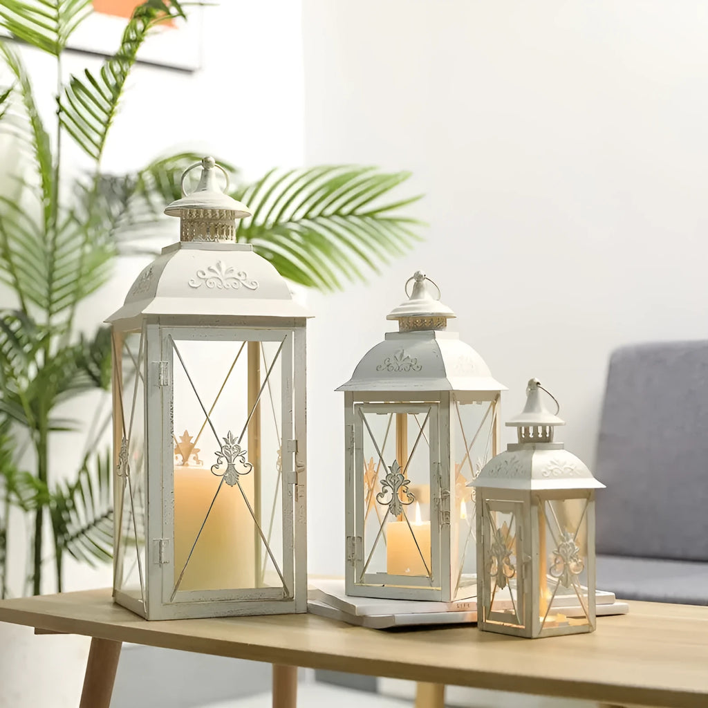 Wrought iron floor-standing storm lantern with tempered glass in black gold brush finish
