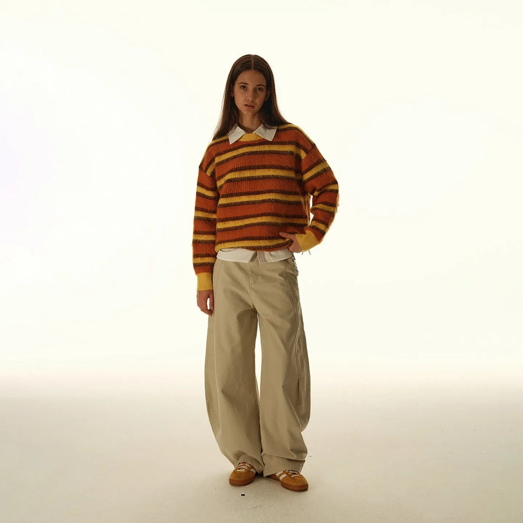American retro cleanfit striped round neck pullover sweater for men in yellow-orange and blue-black colour options
