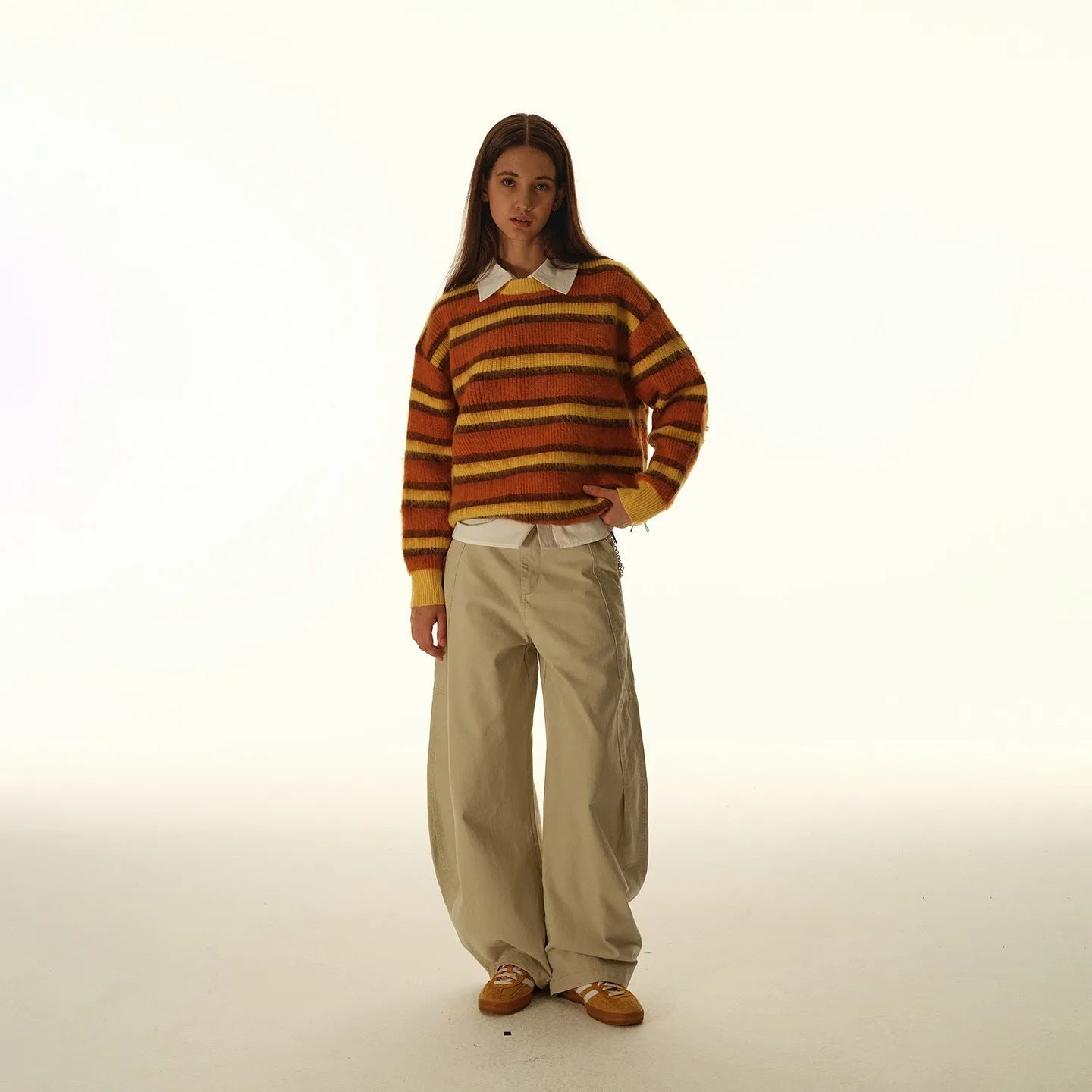 American retro cleanfit striped round neck pullover sweater for men in yellow-orange and blue-black colour options