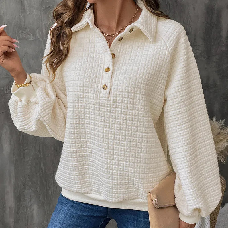 Women's polo collar thickened polyester sweater in solid colour with long sleeves
