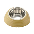 Stainless steel cat bowl with plastic base in light green, beige, and brown colour options