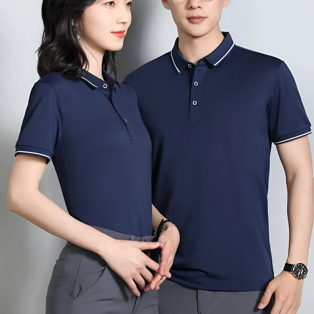 Short-sleeved beautician polo shirt with asymmetric colour panels in cool silk cotton fabric