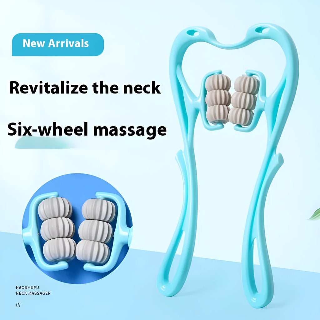 Blue handheld plastic massager with six white rotating wheels for deep tissue massage.