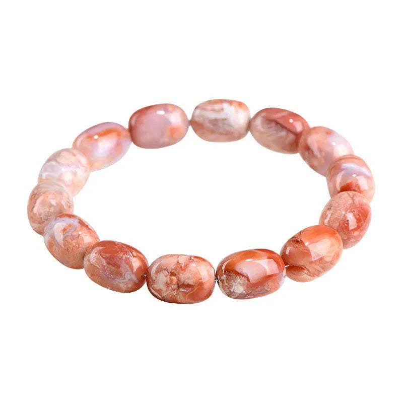 Natural cherry agate barrel bead bracelet with geometric shape and ruyi design elements