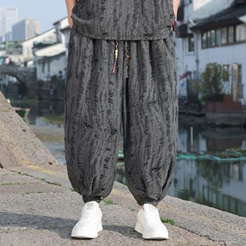 Men's thin short-sleeved loose two-piece suit in black, half-sleeve knitwear top and cropped trousers, national style