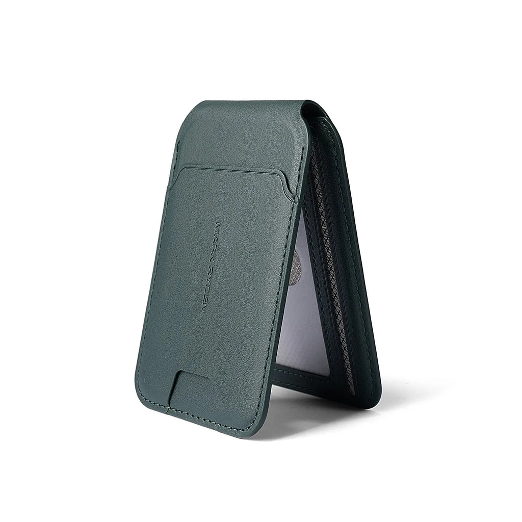 Magnetic men's phone stand wallet in solid colour, PU material, holds cards, available in elegant black