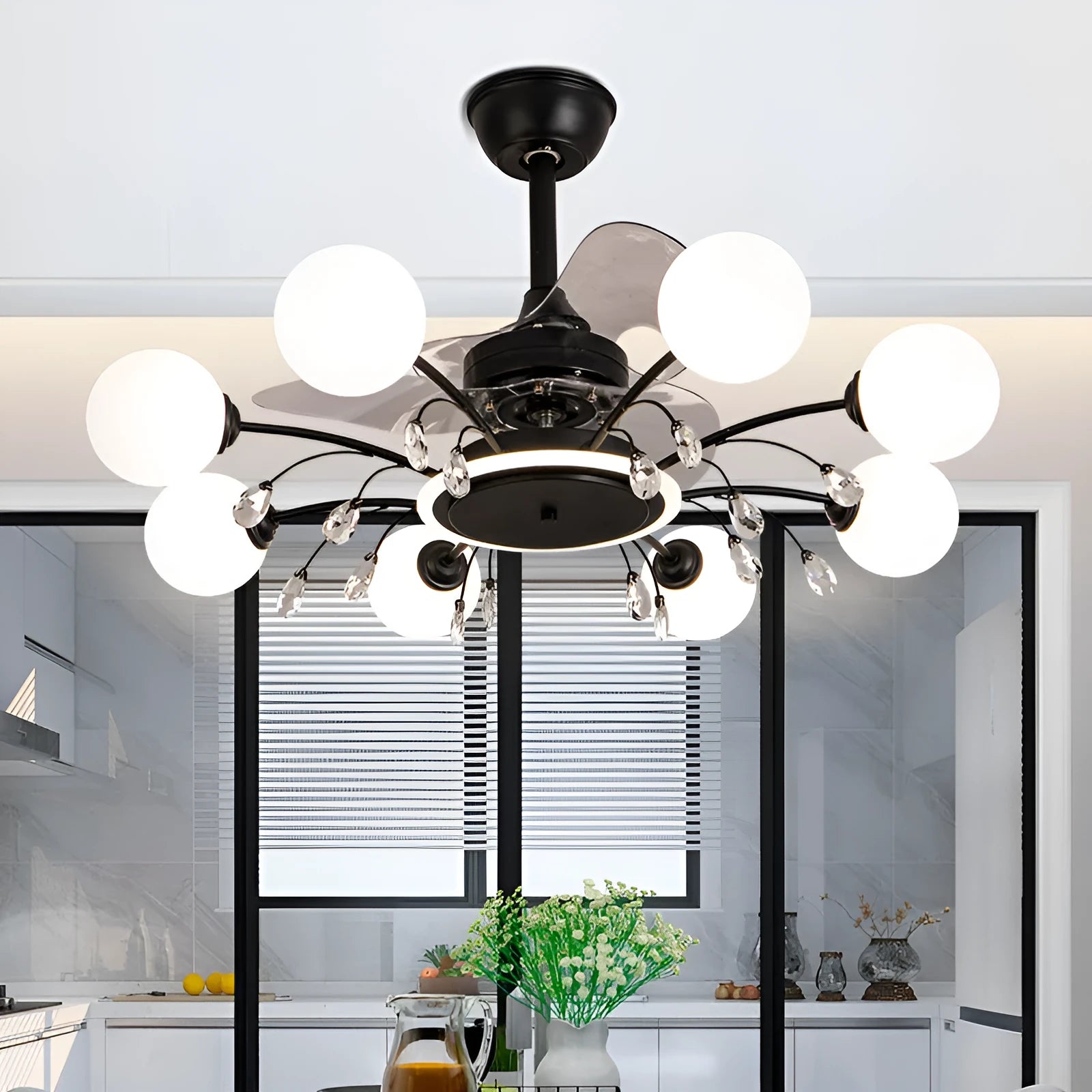 Gold ceiling fan lamp with multiple light heads and metal blades