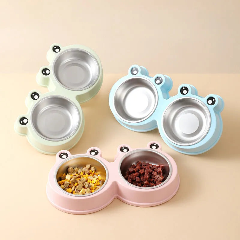 Stainless steel pet double bowl with frog design for food and water feeding