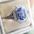 Fashion long hexagonal blue metal women's ring made of copper with electroplated finish, front view