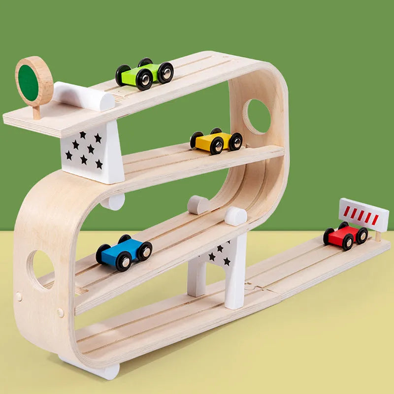 Children's wooden rapid gliding car track toy in colour box