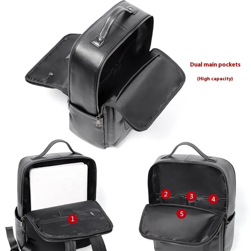 Black genuine leather computer backpack with 36-55 litre capacity and physiological curve back plate