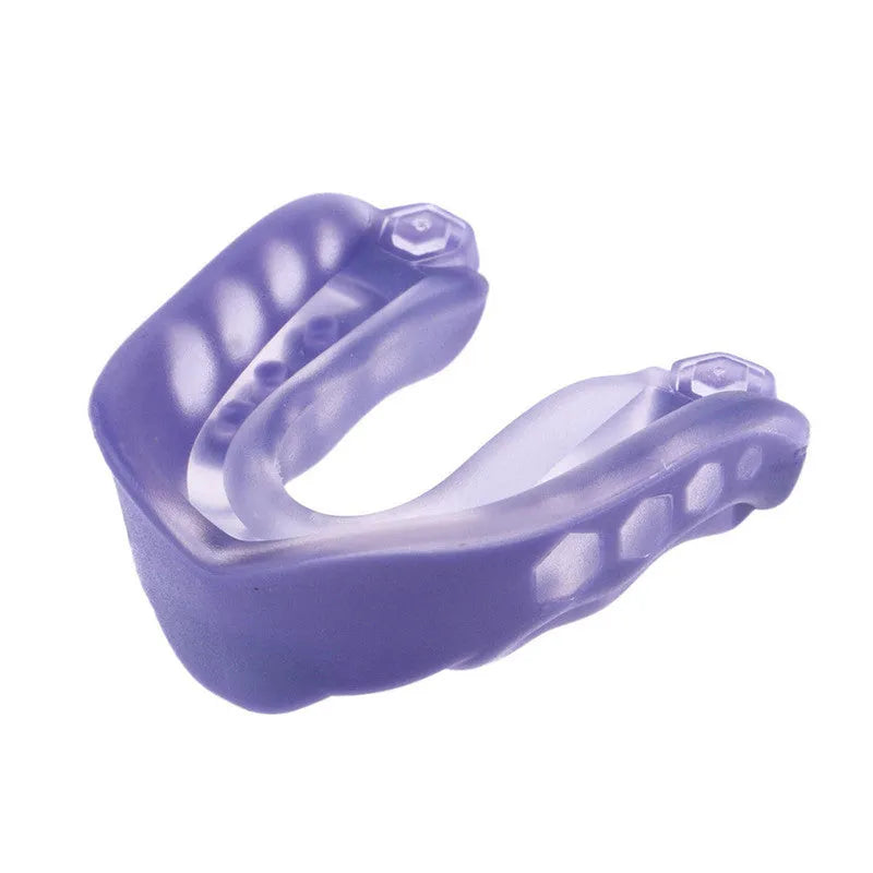 Professional boxing Sanda mouthguard with dual density silicone, 50x51x18mm, in blue with transparent storage box