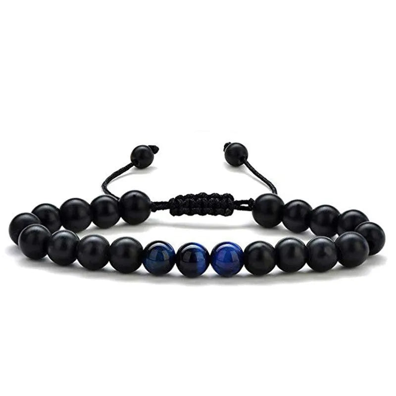Geometric couple bracelets with tiger eye and matte black agate beads